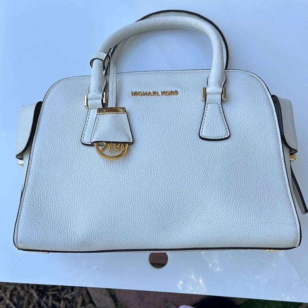Michael Kors Cream Pebbled Leather Satchel with Gold Accents